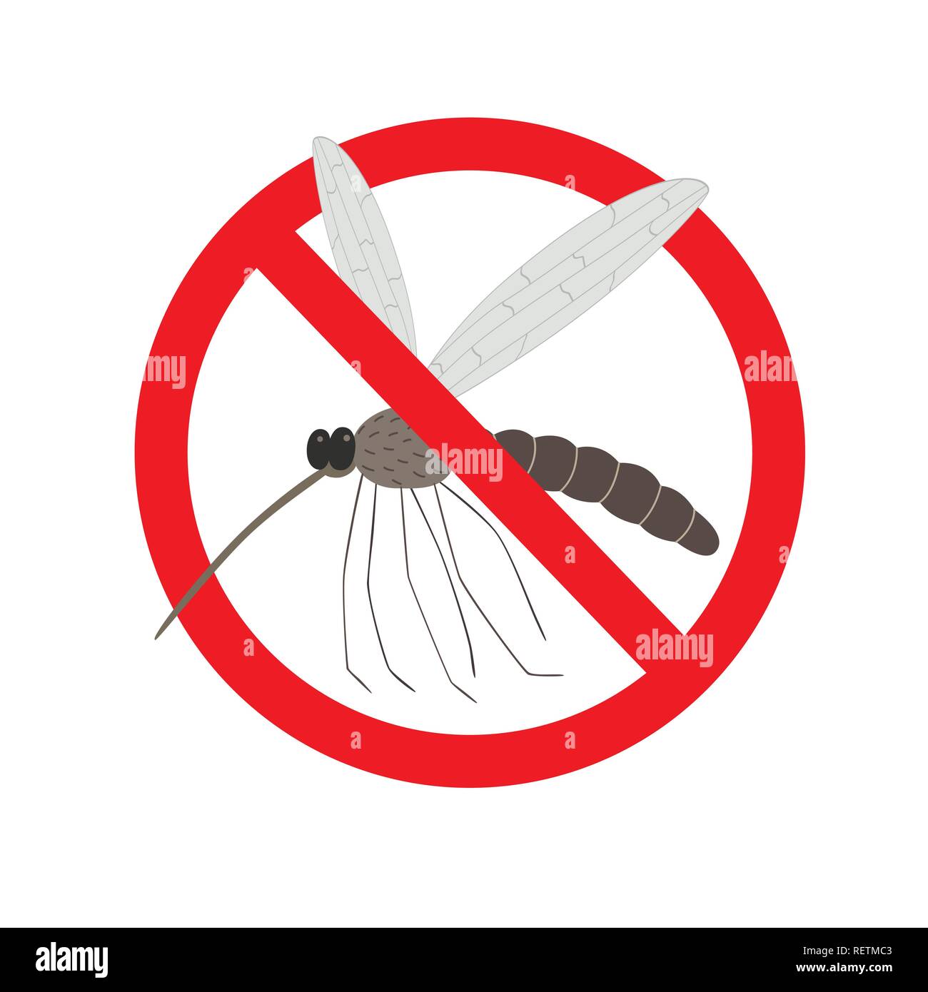 Wild mosquito in red strike-through circle. Vector illustration on white isolated background. Stock Vector