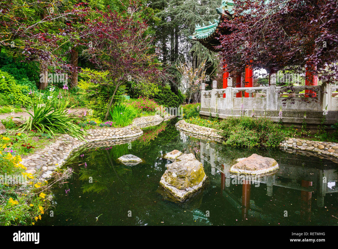Moat surrounding the Chinese Pavilion on the shoreline of Stow Lake