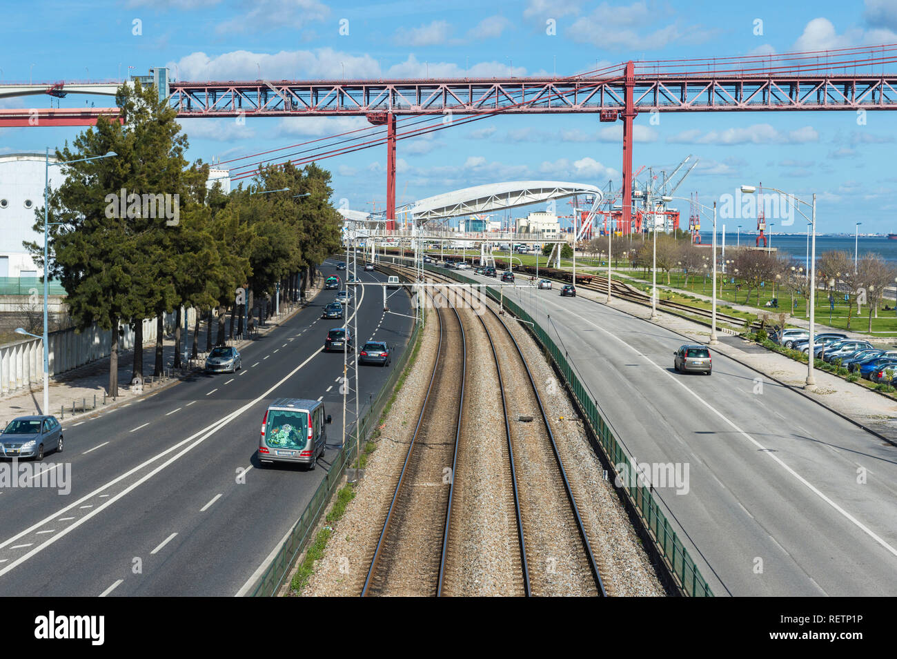 Brasilia Avenue and 25 April Bridge, former Salazar bridge, over the Tagus river, Lisbon, Portugal Stock Photo