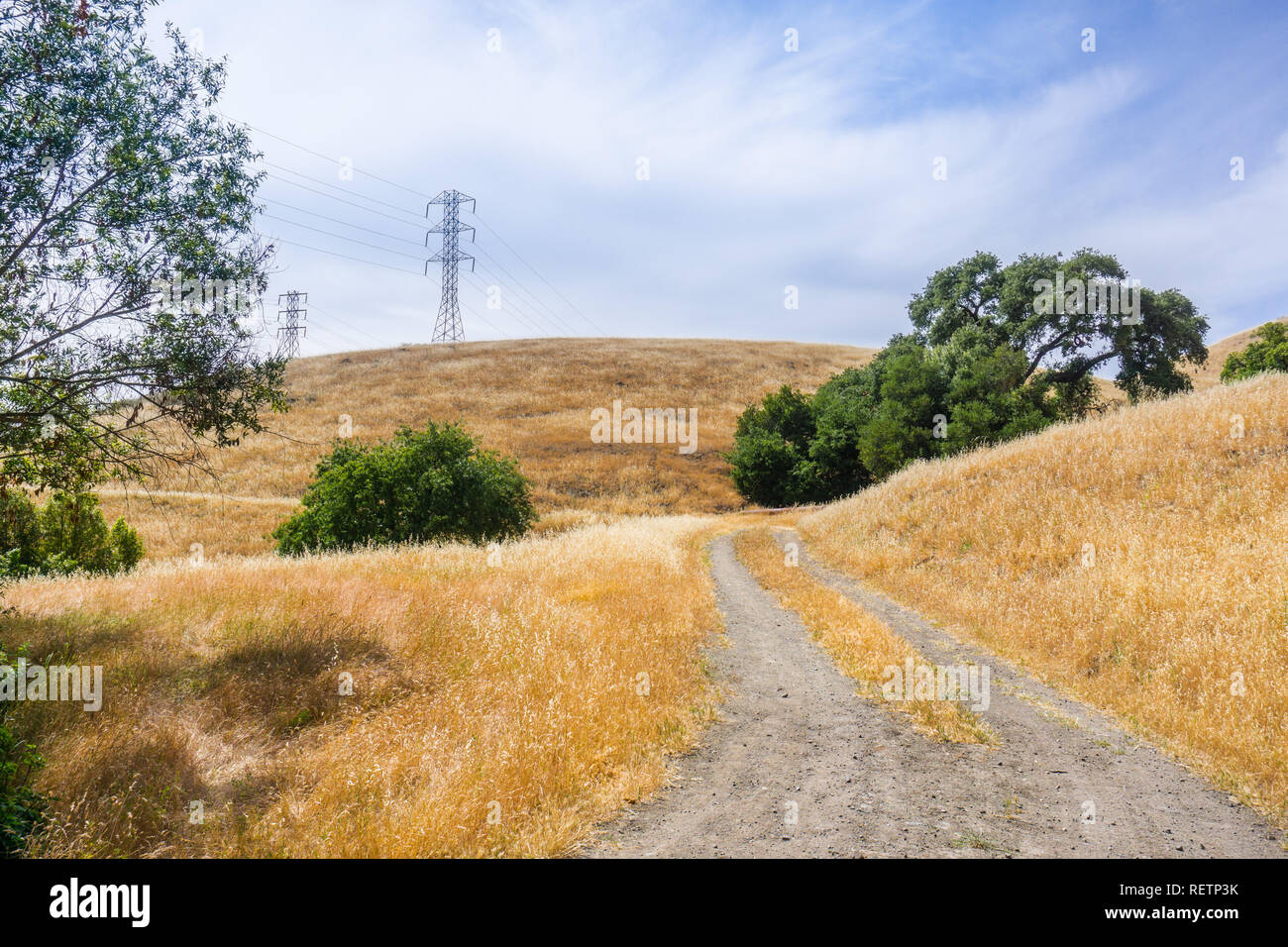 Walking trail among hills and valleys covered in dry grass, south San