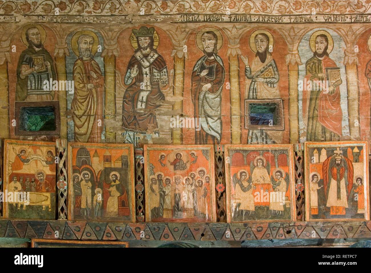 18th century icon, Wood Church of the Holy Archangels, Unesco World Heritage Site, Rogoz, Maramures, Romania Stock Photo