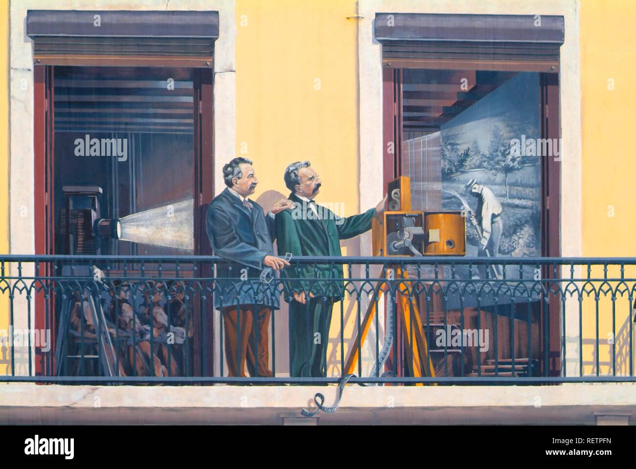 La Fresque des Lyonnais, painted wall fresco of the Lyonnais, Les Frères Auguste et Louis Lumière, Vieux Lyon, France Stock Photo