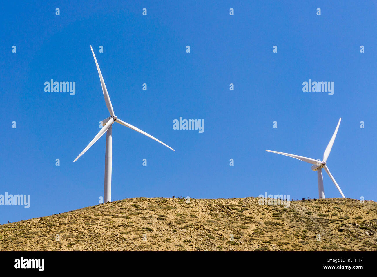Wind turbines on the top of golden hills in Kern county, south California Stock Photo