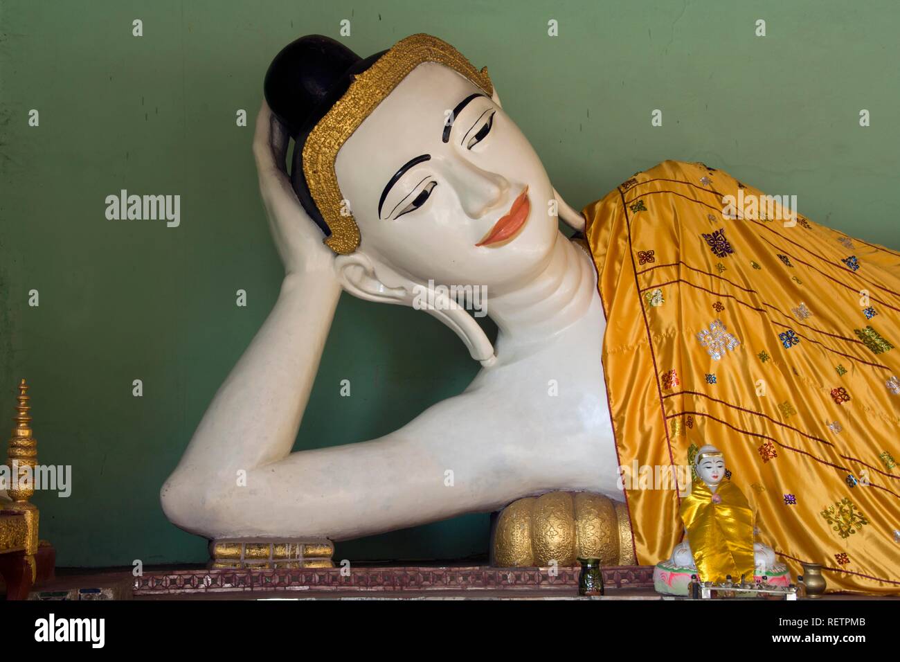 28 feet reclining Buddha, Shwedagon Pagoda, Yangon, Myanmar, Burma, Southeast Asia Stock Photo