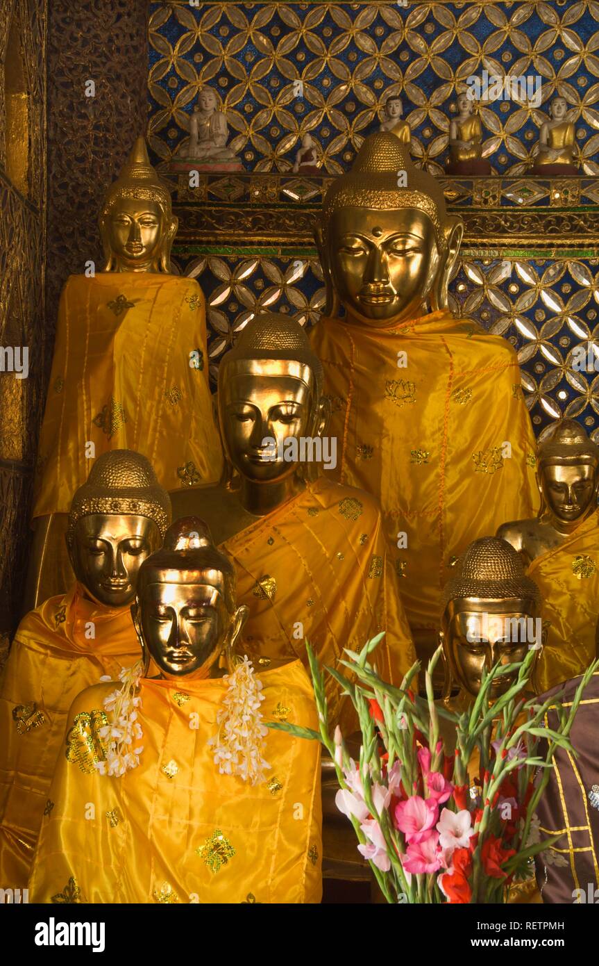 Buddhas statues, Gotama Buddha Temple, Shwedagon Pagoda, Yangon, Myanmar, Burma, Southeast Asia Stock Photo