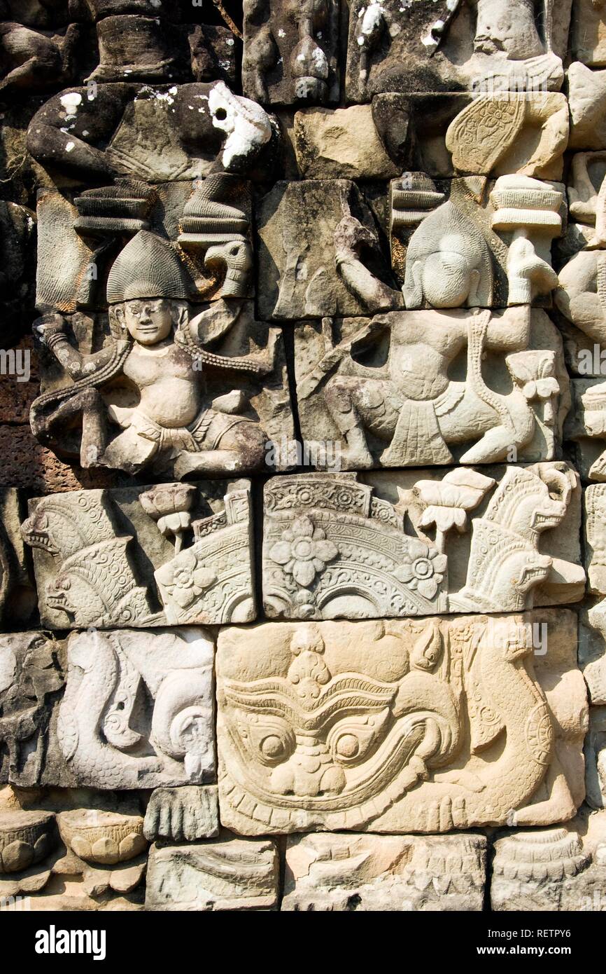 Carved bas relief, Terrace of the Elephants, Angkor Thom, UNESCO World Heritage Site, Siem Reap, Cambodia Stock Photo