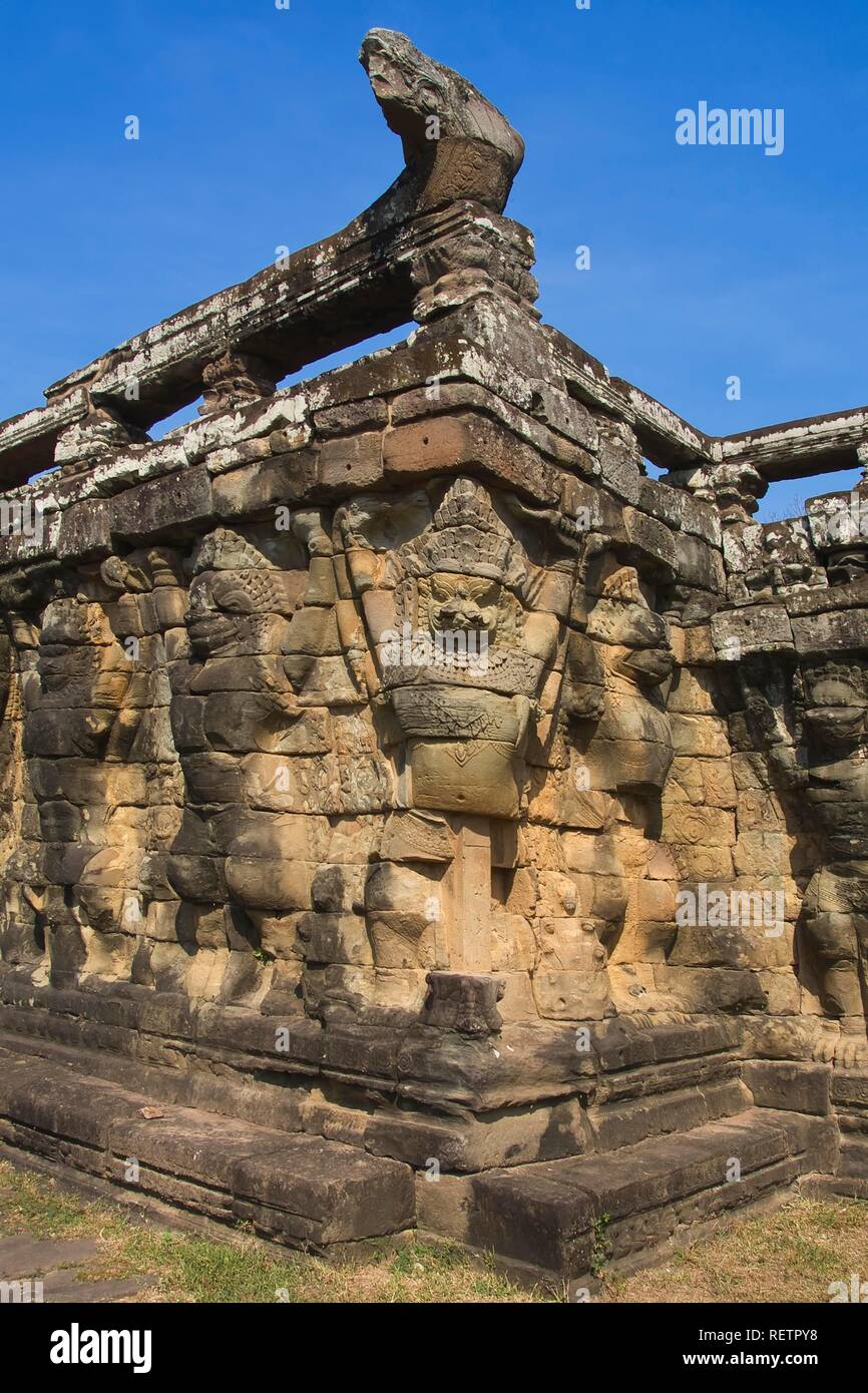 Wall carved with Garudas and lions, Terrace of the Elephants, Angkor Thom, UNESCO World Heritage Site, Siem Reap, Cambodia Stock Photo