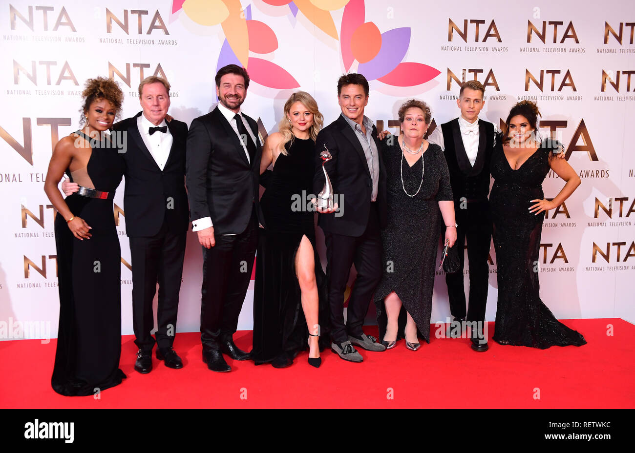 (left to right) Fleur East, Harry Redknapp, Nick Knowles, Emily Atack, John Barrowman, Anne Hegerty, James McVey and Scarlett Moffatt with The Bruce Forsyth Entertainment Award in the Press Room for Im a Celebrity get me out of here at the National Television Awards 2019 held at the O2 Arena, London. Stock Photo