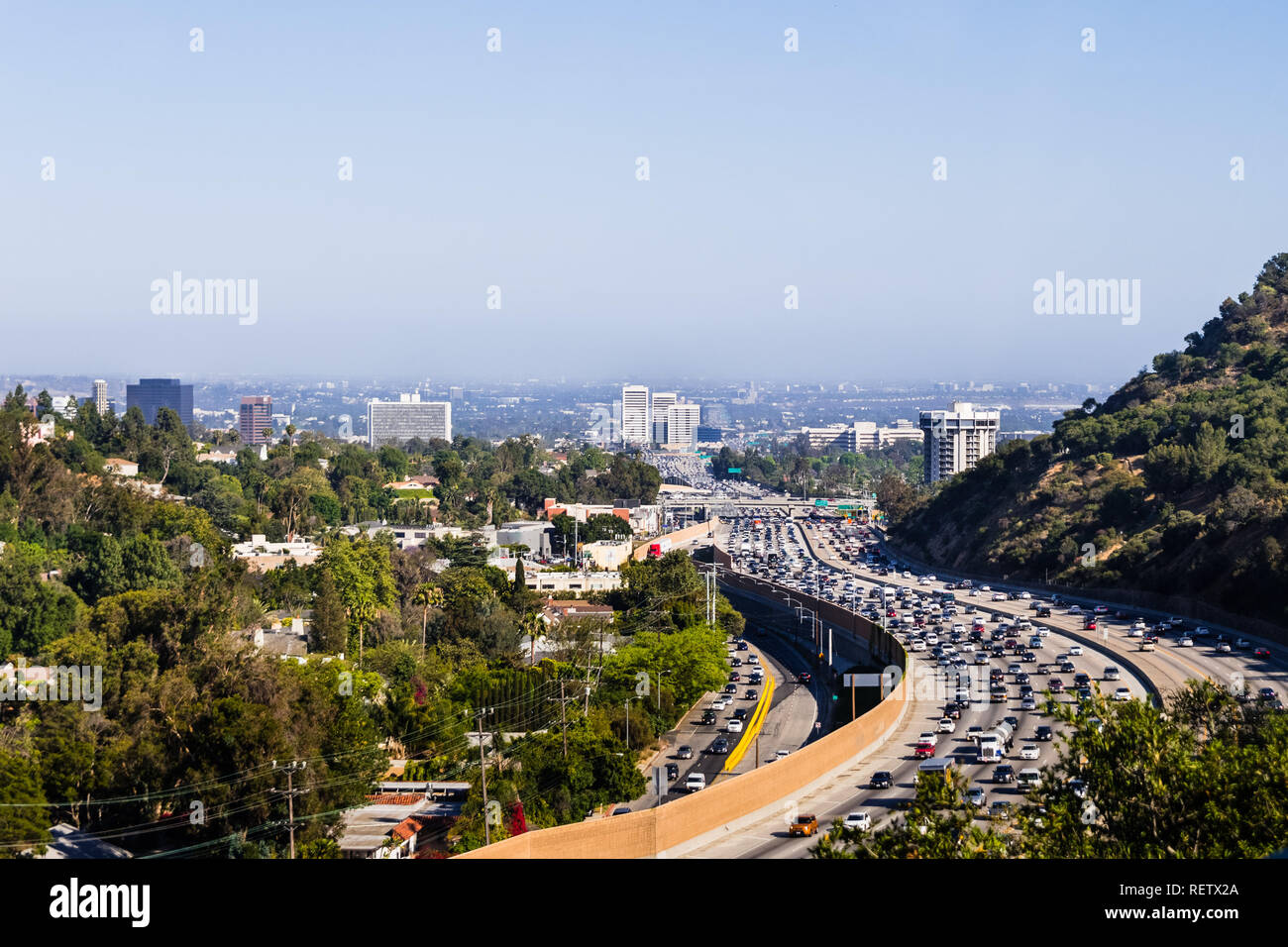 View toward West Los Angeles on a hazy day; heavy traffic on highway 405; California Stock Photo