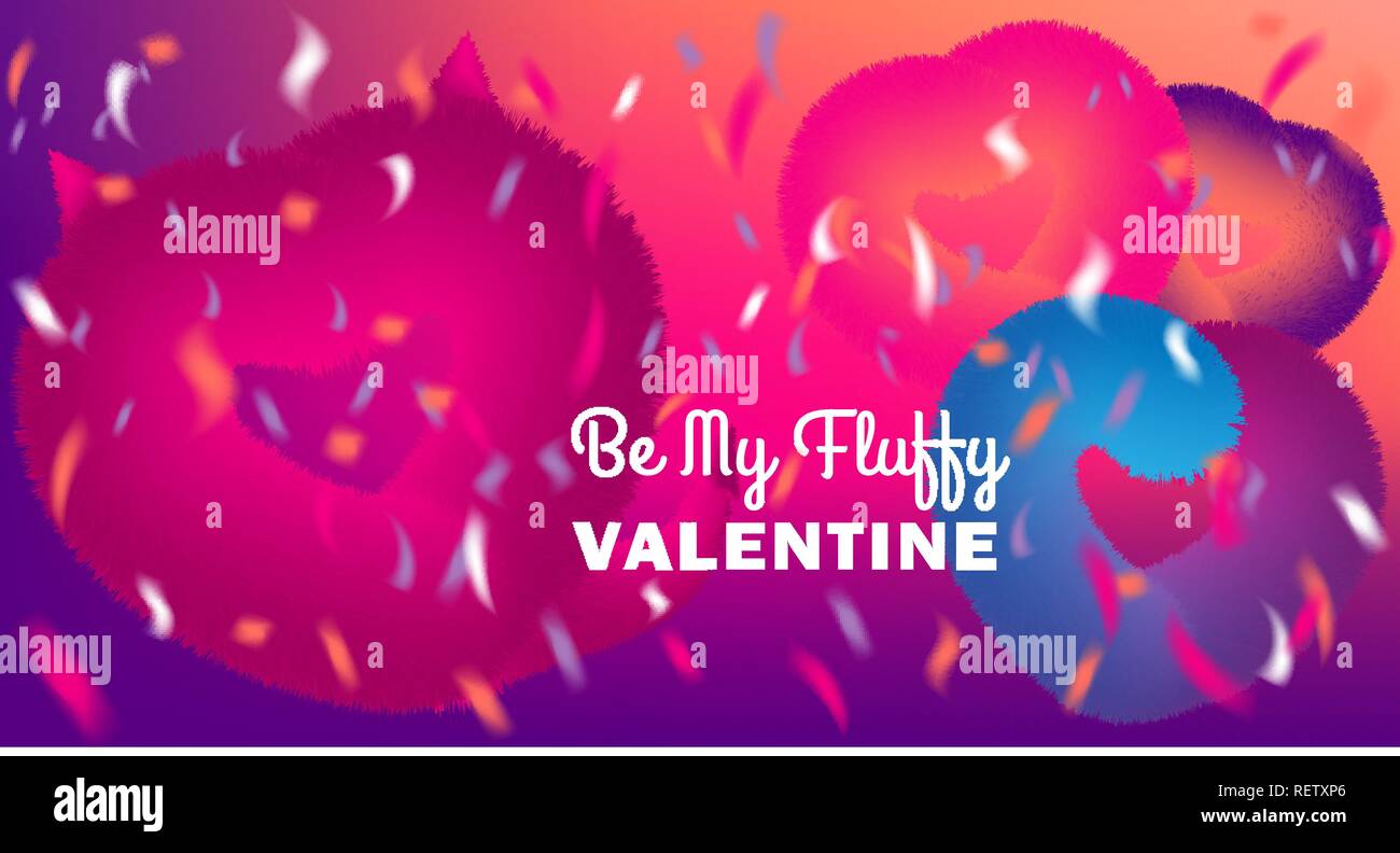 Cute Be My Valentine card with pink fluffy devil and hearts on disco party background with confetti Stock Vector