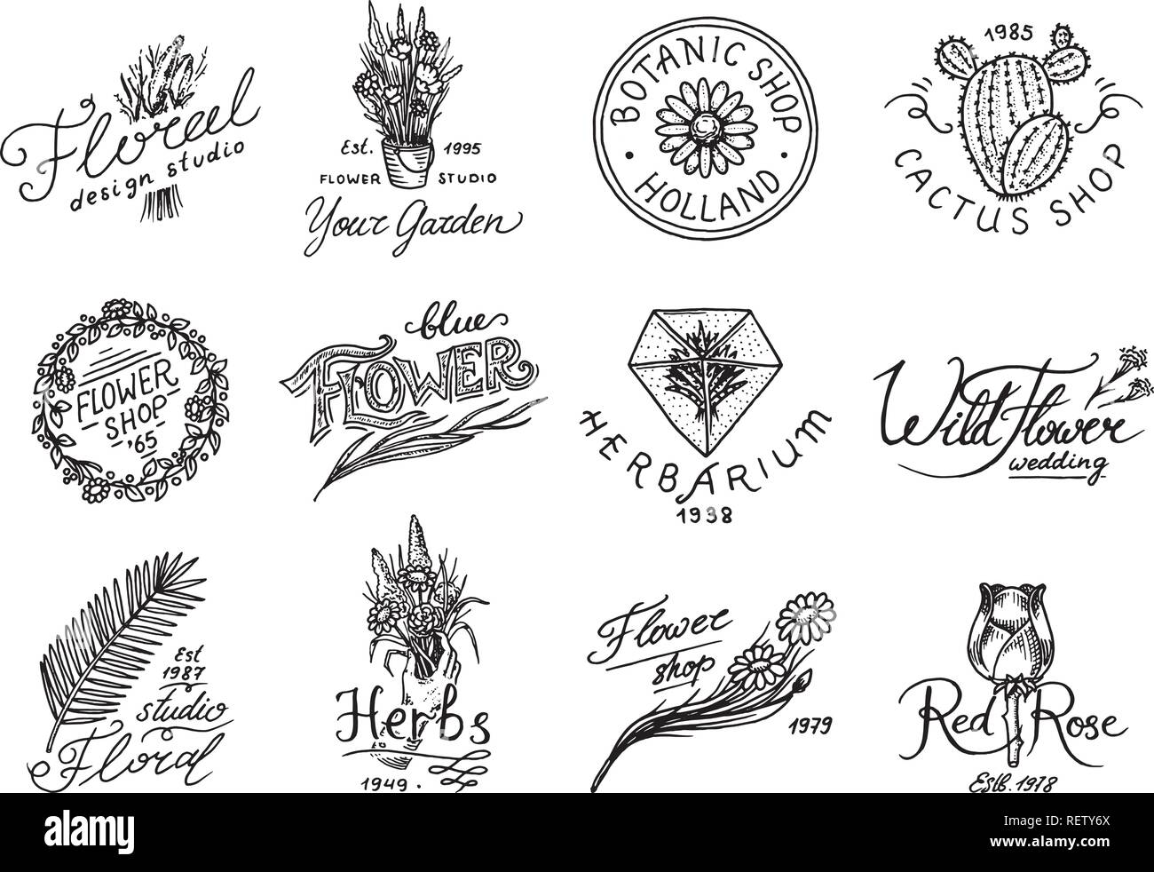 Flower shop emblems and logo. Vintage bouquet. Gardening signs and