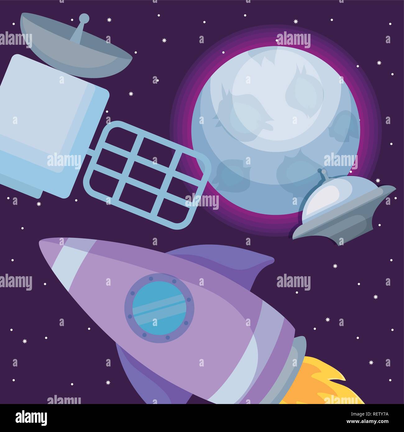 satellite and Rocket around the planet over space background, colorful ...