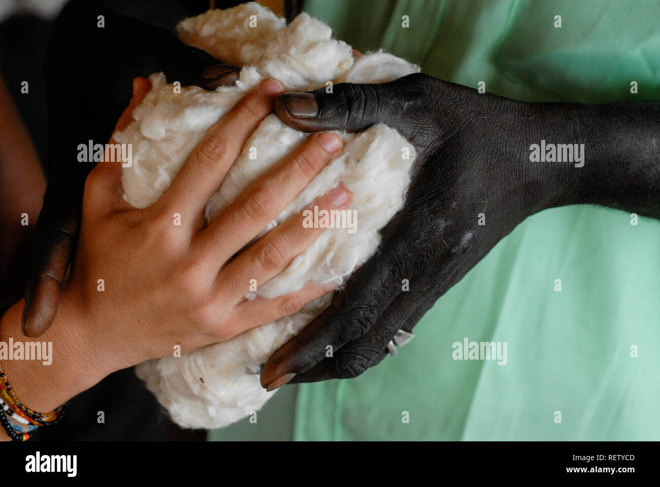 MALI , conference about fair trade cotton, black and white hand holding symbolic together fair trade organic cotton , different skin colour, african and european, dialogue, north south exchange, black and white people , man and woman Stock Photo