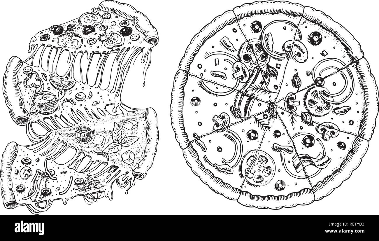 Set of pizza with cheese. Yummy italian vegetarian food with tomatoes, olives and eggplant. Sketch for restaurant menu. Hand drawn template. Vintage style. Stock Vector