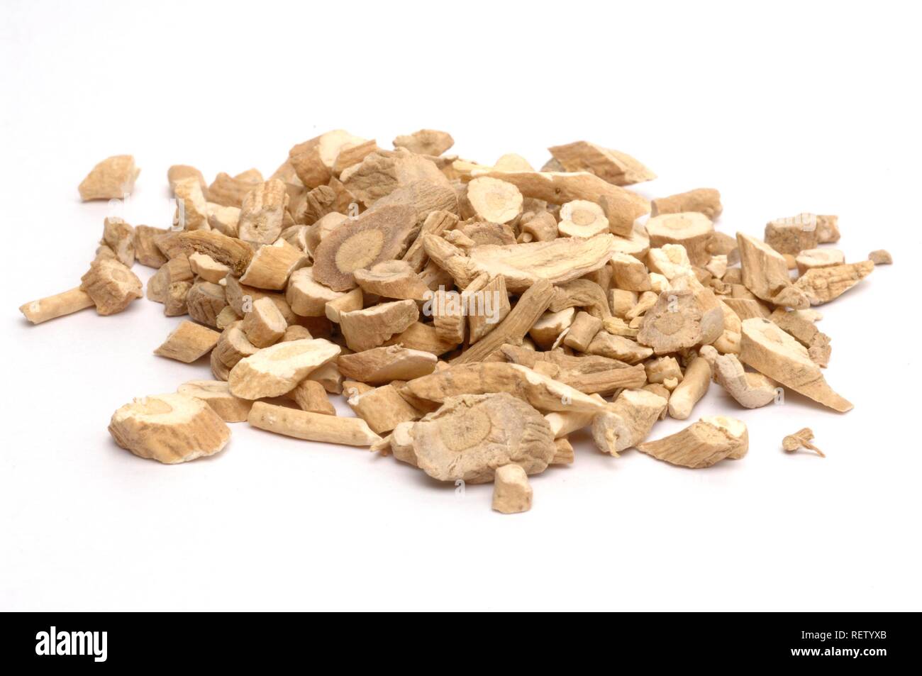 Woad or glastum (Isatidis radix, Isatis tinctoria), dried root, medicinal plant Stock Photo
