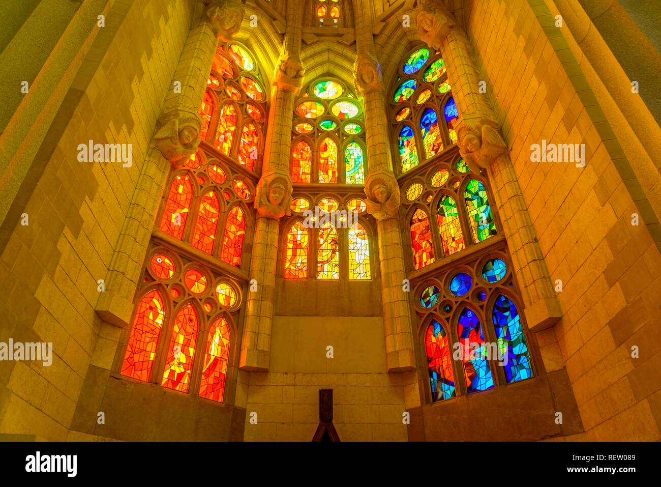 Interior view, stained glass windows of the Sagrada Familia, Antoni Gaudi, Barcelona, Catalonia