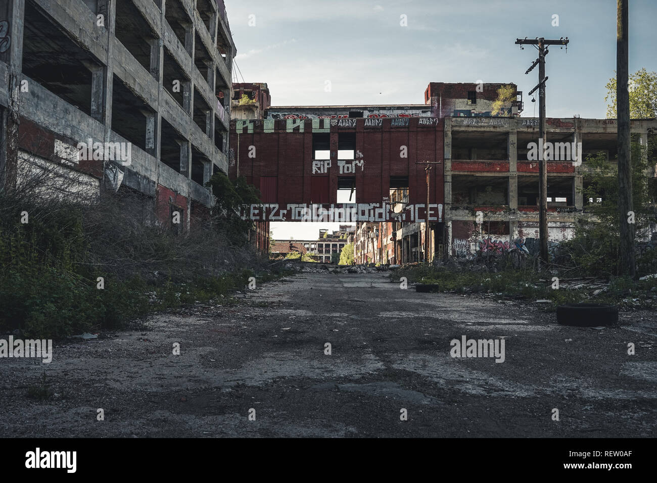 Detroit, Michigan, United States - October 2018: View of the abandoned Packard Automotive Plant in Detroit. The Packard Plant sprawls multiple city Stock Photo