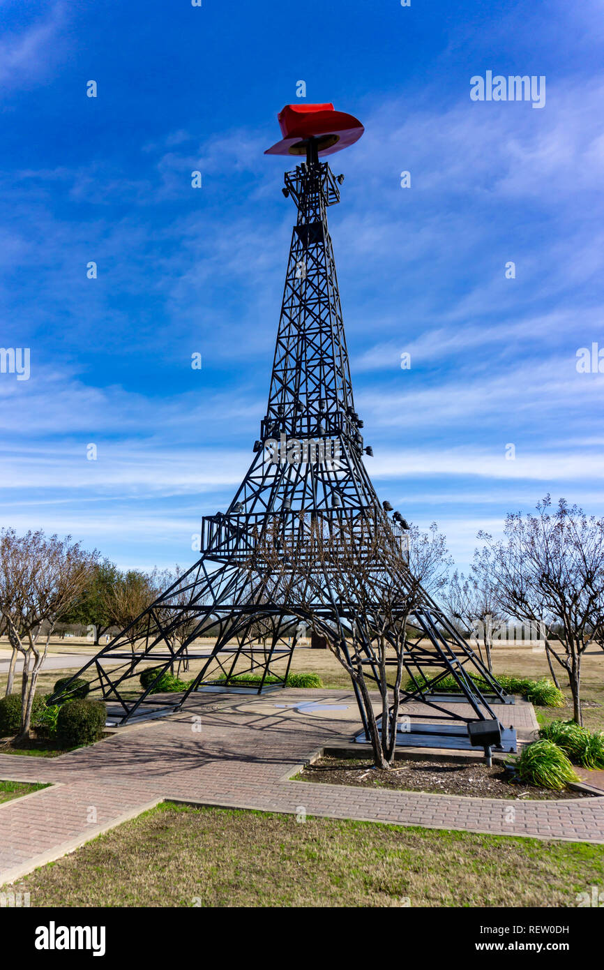 The Texas Eiffel Tower, wearing a cowboy hat, in Paris, Texas. Stock Photo