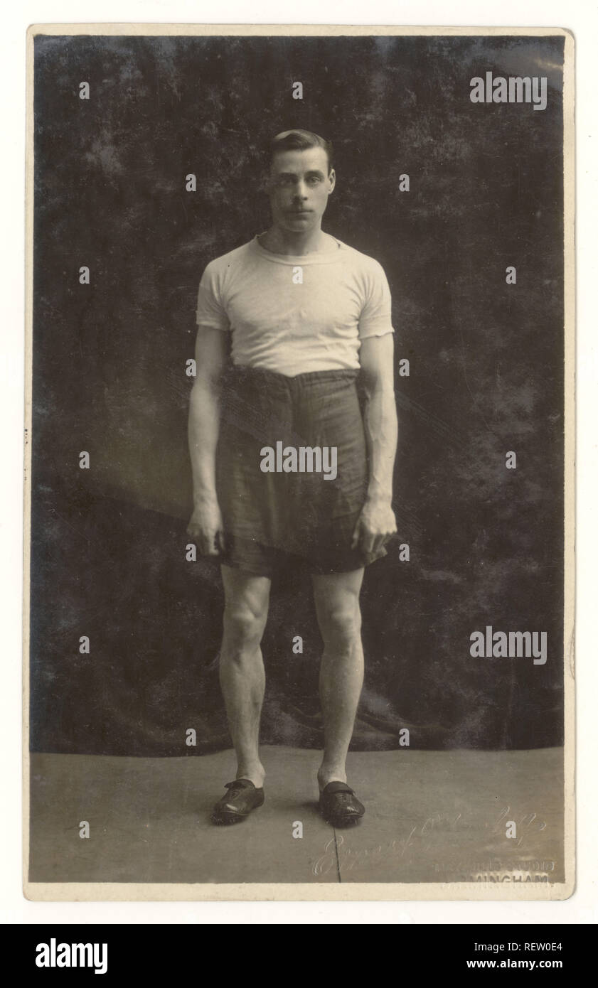 Postcard portrait by Ernest Manley of young athlete, spikes on shoes,  Birmingham, U.K. circa 1910, 1915 Stock Photo