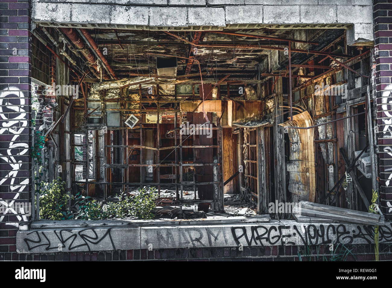Detroit, Michigan, United States - October 2018: View of the abandoned Packard Automotive Plant in Detroit. The Packard Plant sprawls multiple city Stock Photo