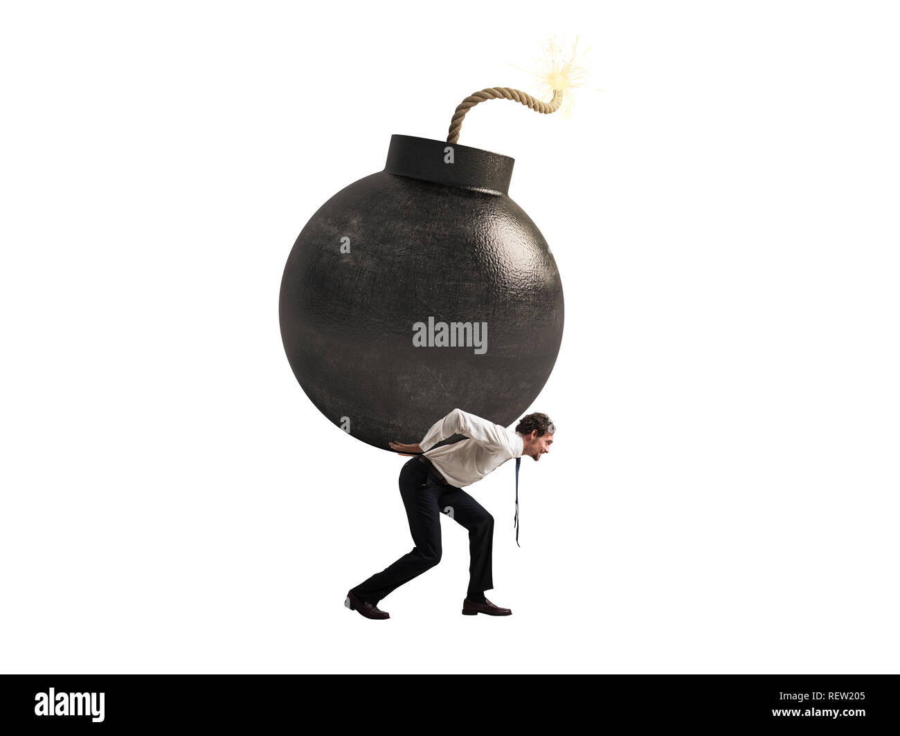 Businessman hold a bomb. Concept of difficult career and failure. Isolated on white background Stock Photo