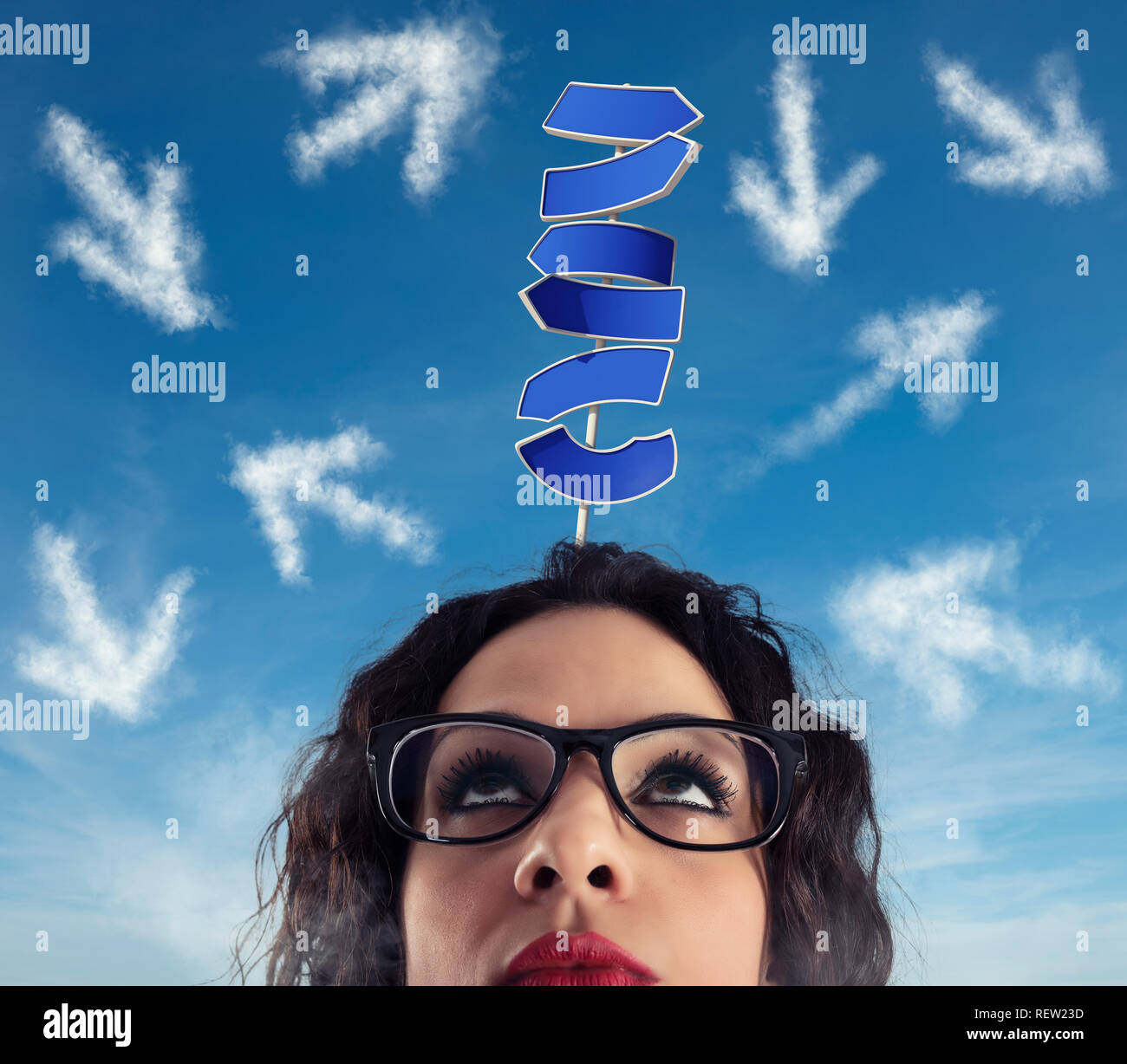 Confusion of way for a businesswoman. Concept of difficult career Stock Photo