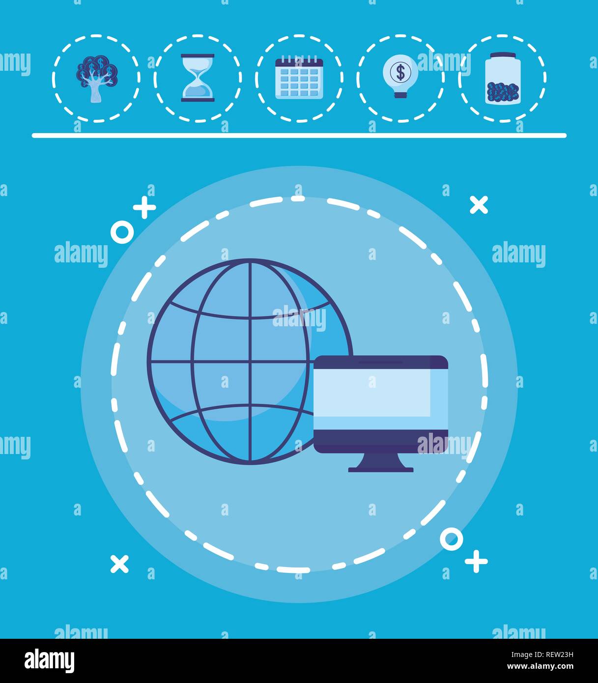 computer and global sphere with money related icons over blue ...