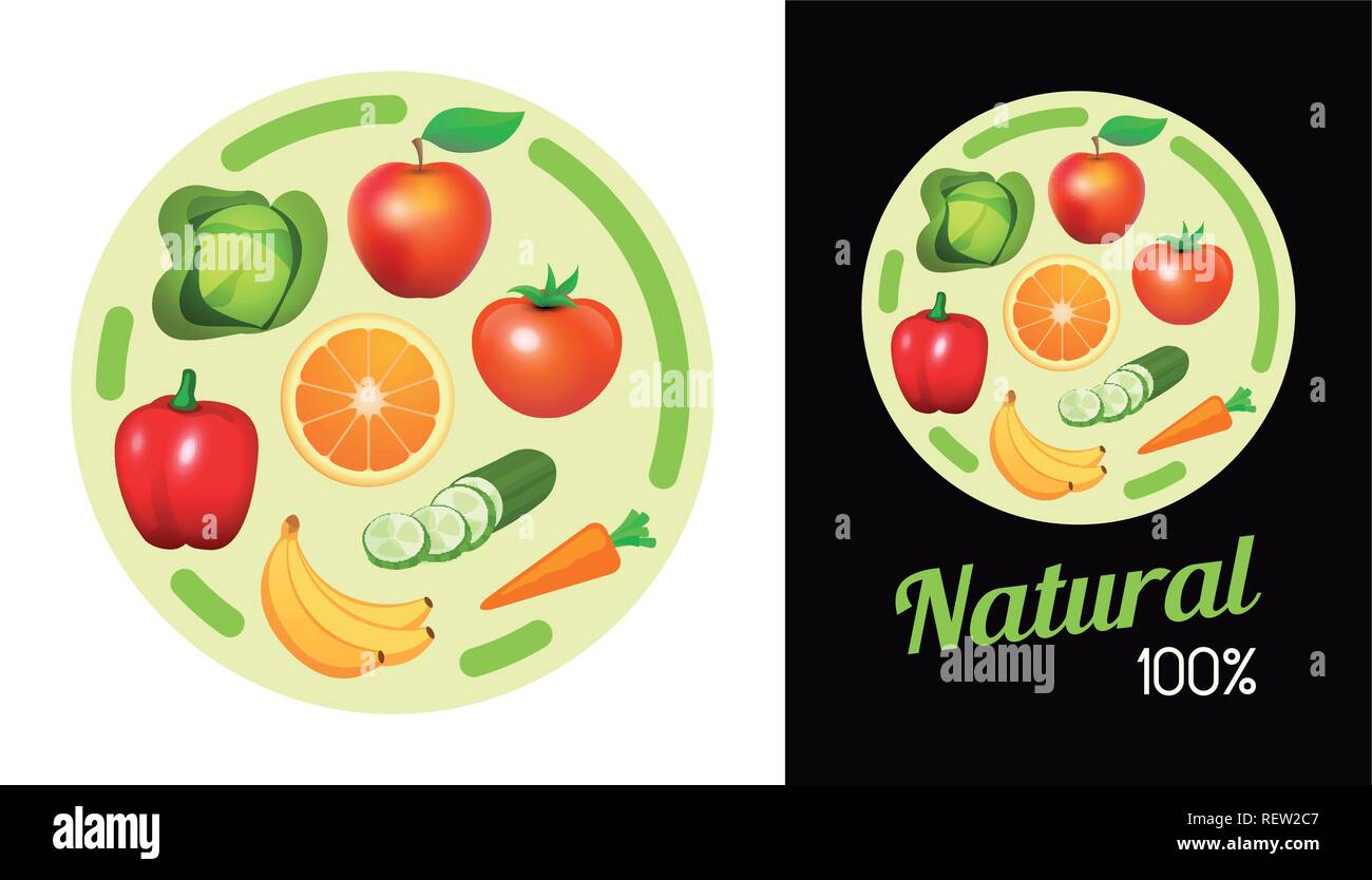 Round sticker with Fruit and Vegetables. Design element of Signboard banner with natural vegan food for shop Stock Vector