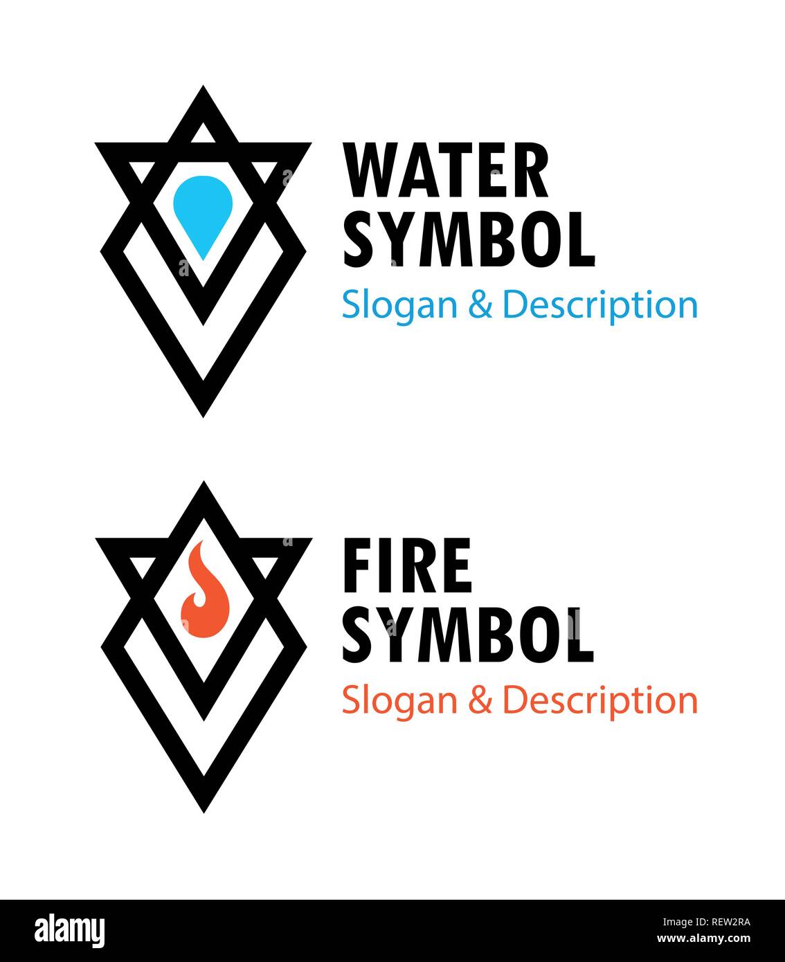 Creative signs of Fire and Water with captions - Vector illustrations of wiccan symbols. Stock Vector