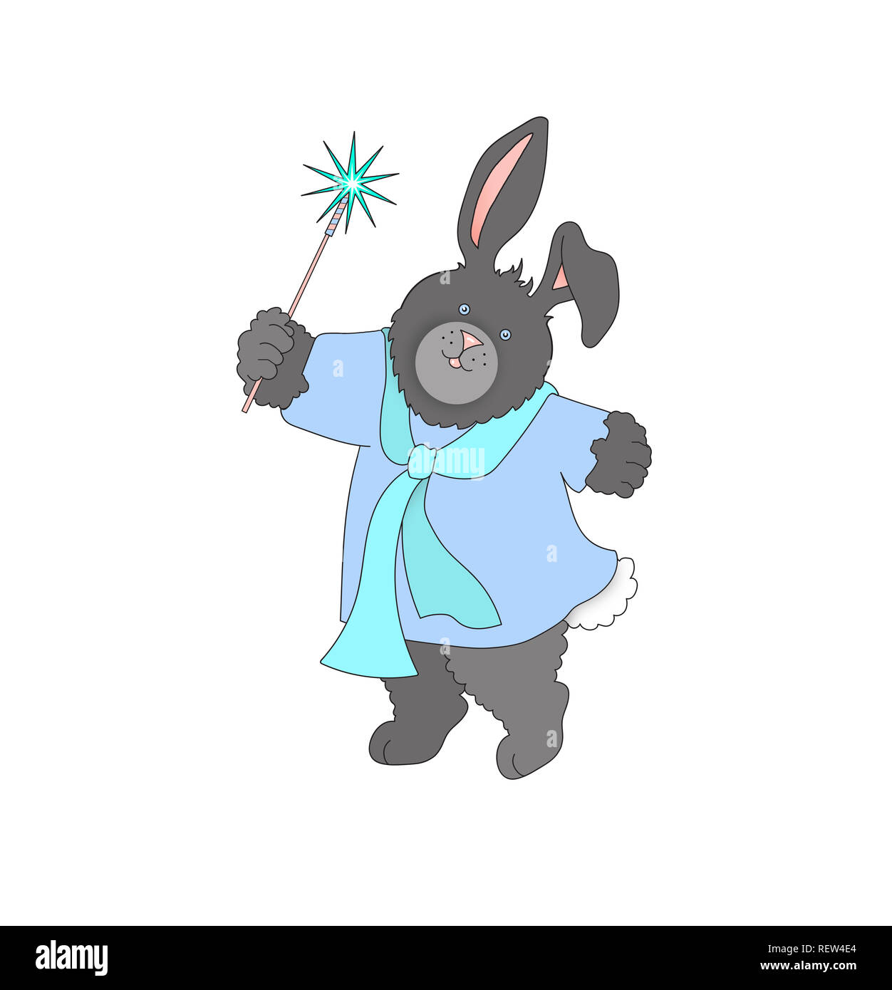 Illustration of a cute bunny rabbit wearing blue clothing and waving a sparkler against a white background Stock Photo