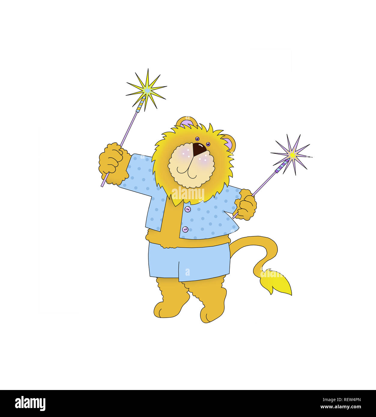 Illustration of a cute lion wearing blue clothing and waving a sparkler against a white background Stock Photo