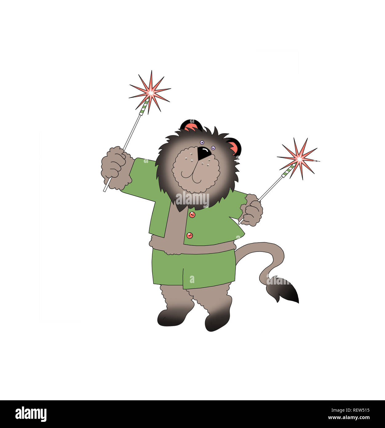 Illustration of a cute lion wearing green clothing and waving sparklers against a white background Stock Photo