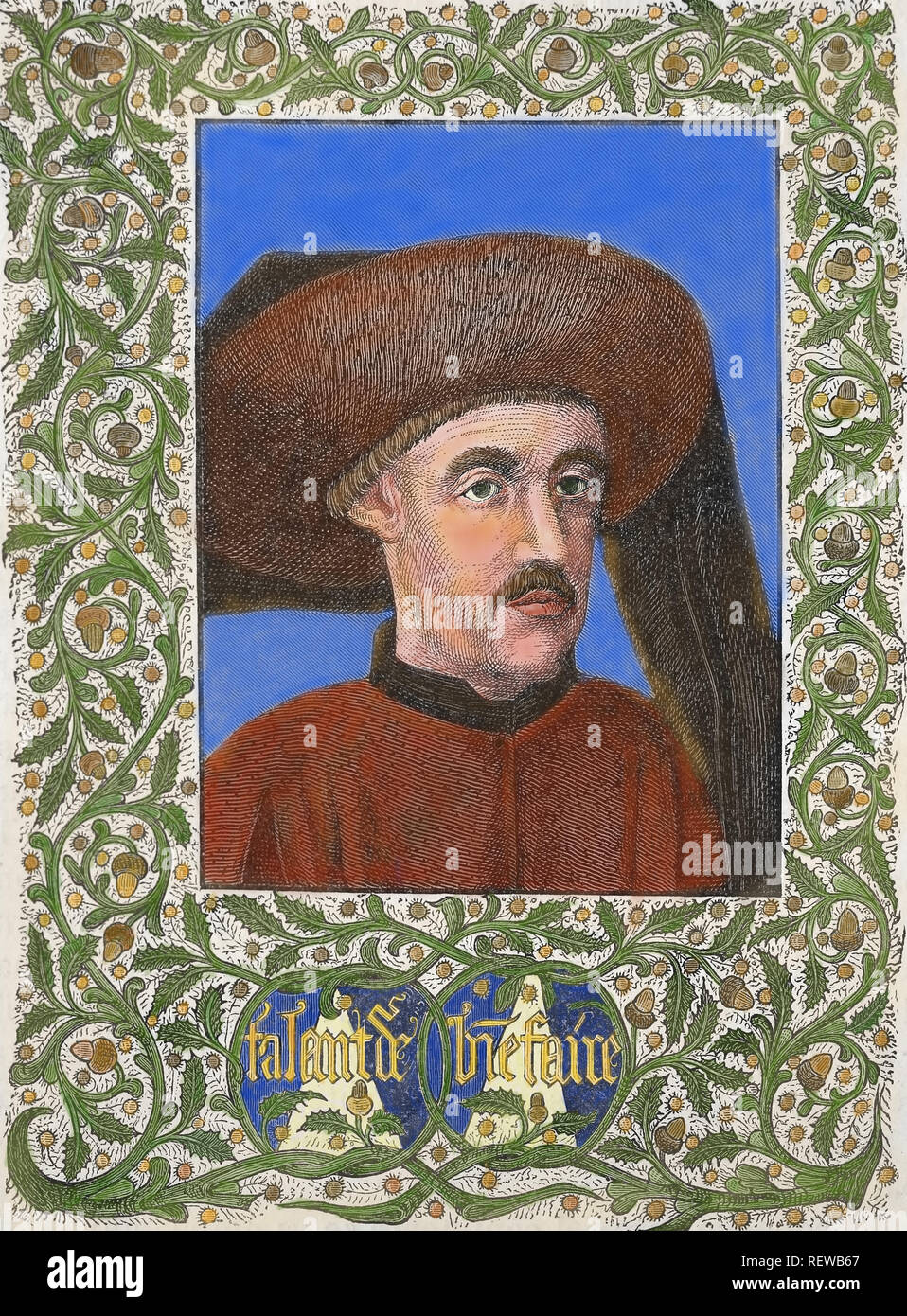 Portrait of Infante Enrique. Henry the Navigator (1394-1460), prince of Portugal. Great explorer. Empire of Portugal. Colored engraving. Stock Photo