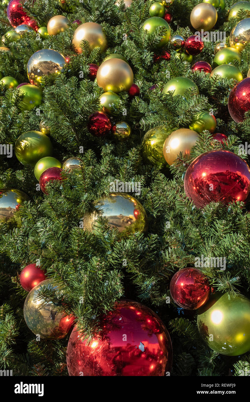 Christmas Ball Ornaments On Outdoor Tree Stock Photo Alamy