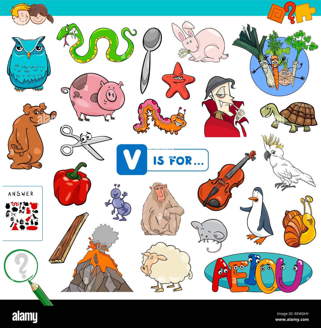 Cartoon Illustration of Finding Picture Starting with Letter V