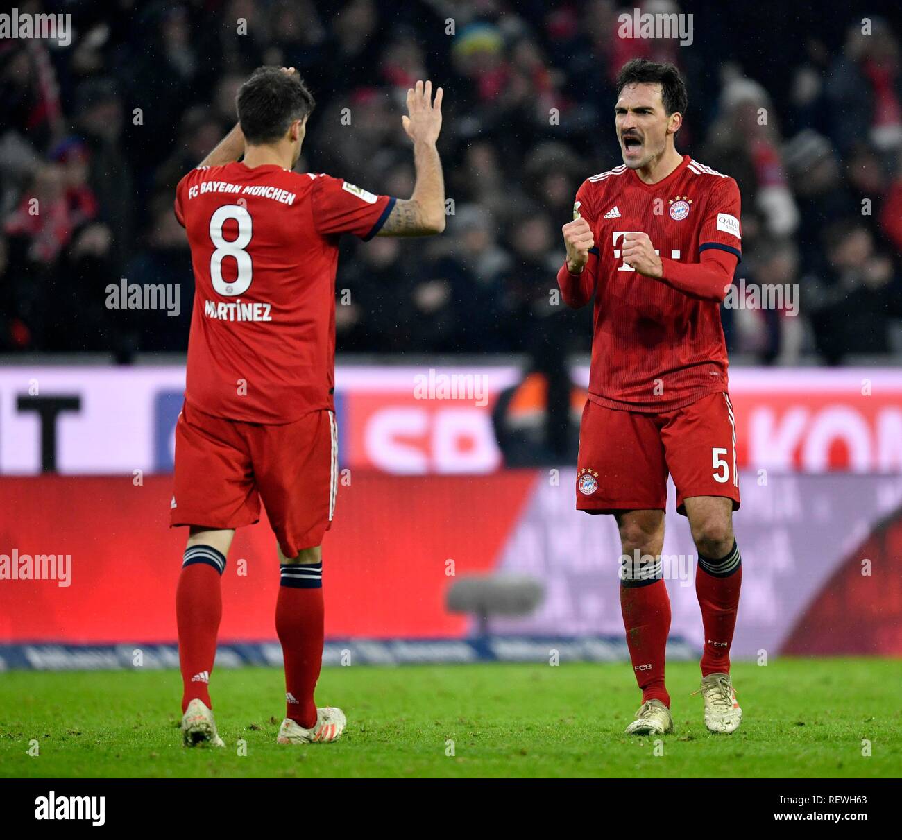 Jubilation at Javi Javier Martinez FC Bayern Munich (left) and Mats Hummels FC Bayern Munich (right), Allianz Arena, Munich Stock Photo