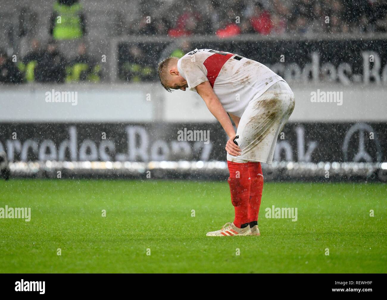 Disappointment in the rain, Timo Baumgartl VfB Stuttgart, Mercedes-Benz Arena, Stuttgart, Baden-Württemberg, Germany Stock Photo