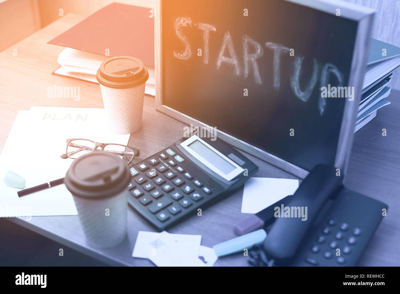 STURTUP Project for poor entrepreneurs. Desk novice businessman. Stock Photo