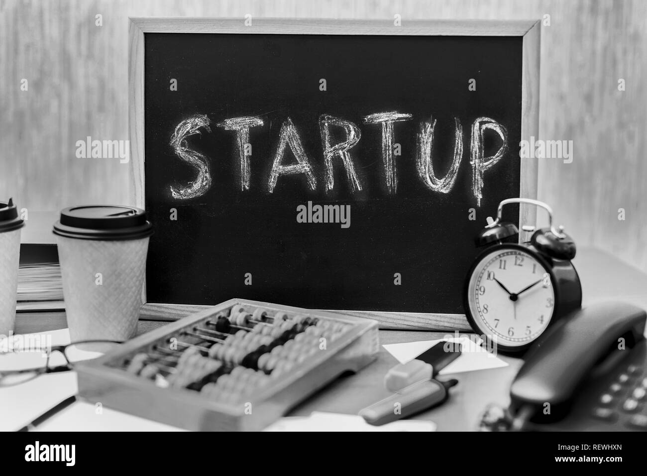 STURTUP Project for poor entrepreneurs. Desk novice businessman. Stock Photo