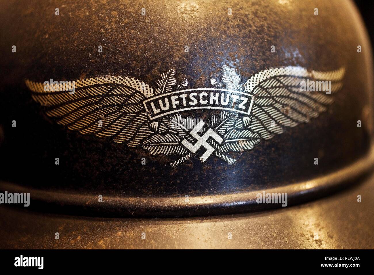 Exhibit Nazi helmet, steel helmet with swastika with the writing Luftschutz, government bunker, Bad Neuenahr-Ahrweiler Stock Photo