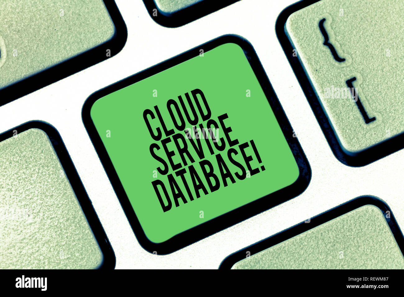 Conceptual hand writing showing Cloud Service Database. Business photo showcasing optimized virtualized computing environment Keyboard key Intention t Stock Photo