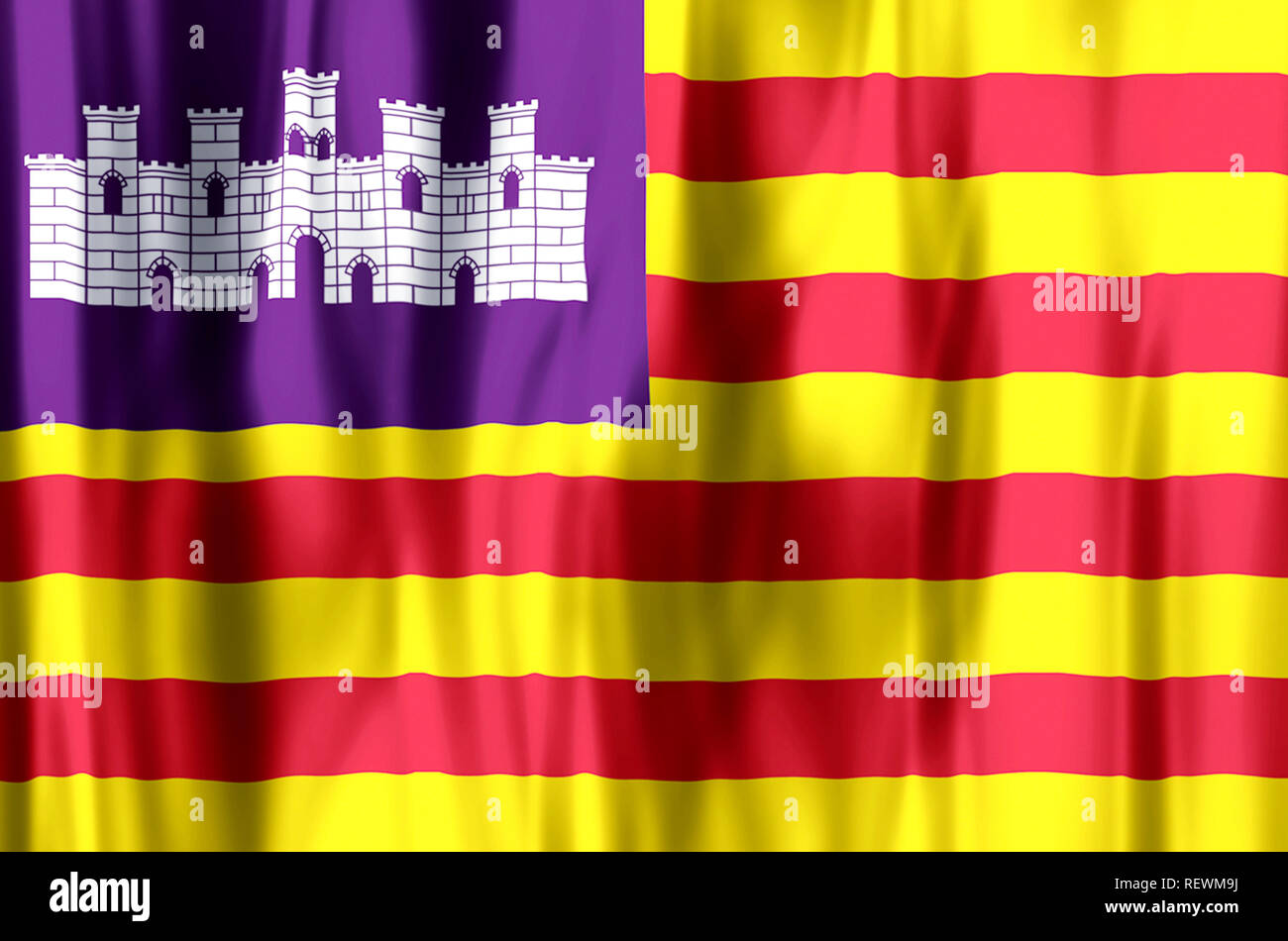Balearic Islands stylish waving and closeup flag illustration. Perfect ...