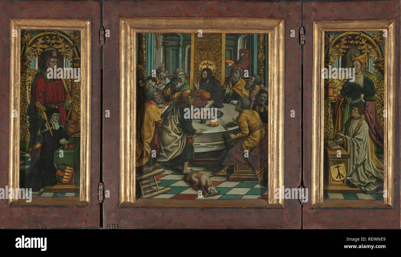 Triptych with the Last Supper and Donors. Triptych with the Last Supper (centre panel), Adriana van Roon (c. 1450-1527) with St James the Greater (inner left wing), Dirk Pietersz Spangert (c. 1465-1549) with St Mary Magdalen (inner right wing), the coats of arms of Adriana van Roon (outer left wing) and the Spangert house mark (outer right wing). Dating: c. 1525 - c. 1530. Place: Amsterdam. Measurements: support: h 45 cm (centre panel) × w 39 cm (centre panel) × h 45 cm (left wing) × w 20 cm (left wing) × h 45 cm (right wing) × w 18.7 cm (right wing). Museum: Rijksmuseum, Amsterdam. Author: Ja Stock Photo