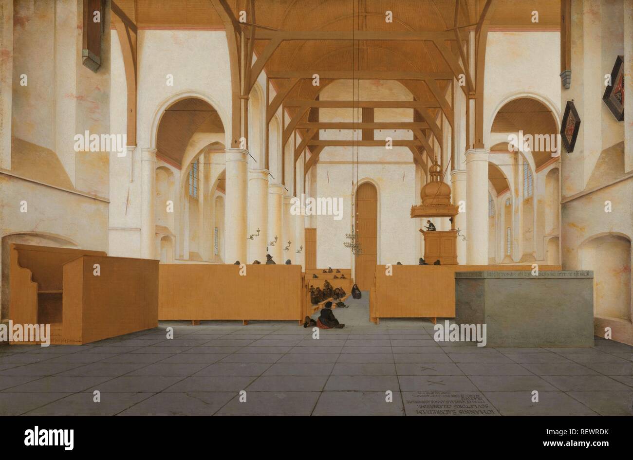Interior of the Sint-Odulphuskerk in Assendelft. Interior of the St Odulphuskerk in Assendelft, seen from the choir to the west. Dating: 1649. Measurements: support: h 49.6 cm × w 75 cm; frame: h 70.4 cm × w 95.6 cm × t 5.7 cm; sight size: h 49 cm × w 73.6 cm. Museum: Rijksmuseum, Amsterdam. Author: Pieter Jansz. Saenredam. Stock Photo