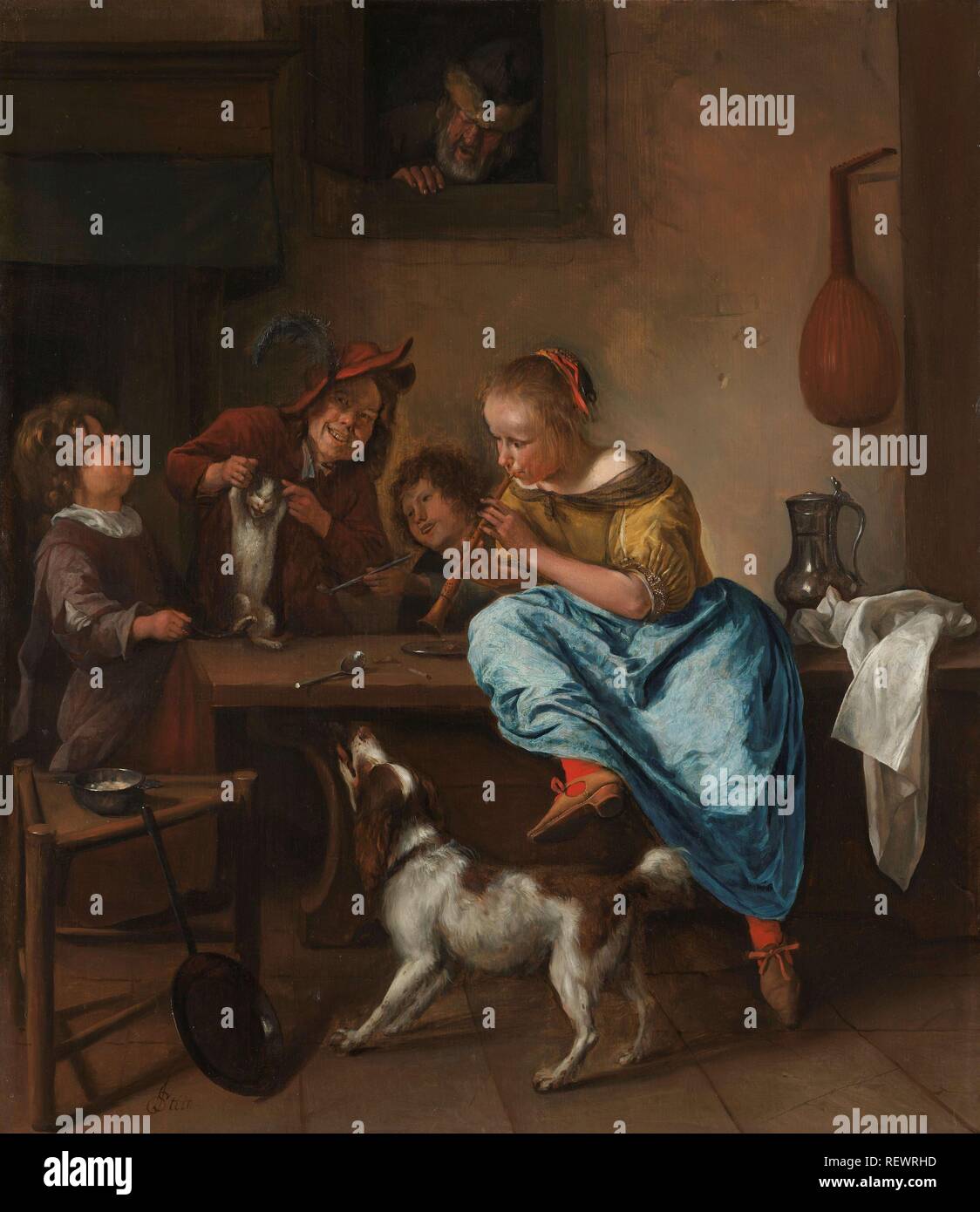 Children Teaching a Cat to Dance, Known as 'The Dancing Lesson'. Dating: 1660 - 1679. Measurements: h 68.5 cm × w 59 cm. Museum: Rijksmuseum, Amsterdam. Author: Jan Havicksz. Steen. Steen, Jan Havicksz. Stock Photo