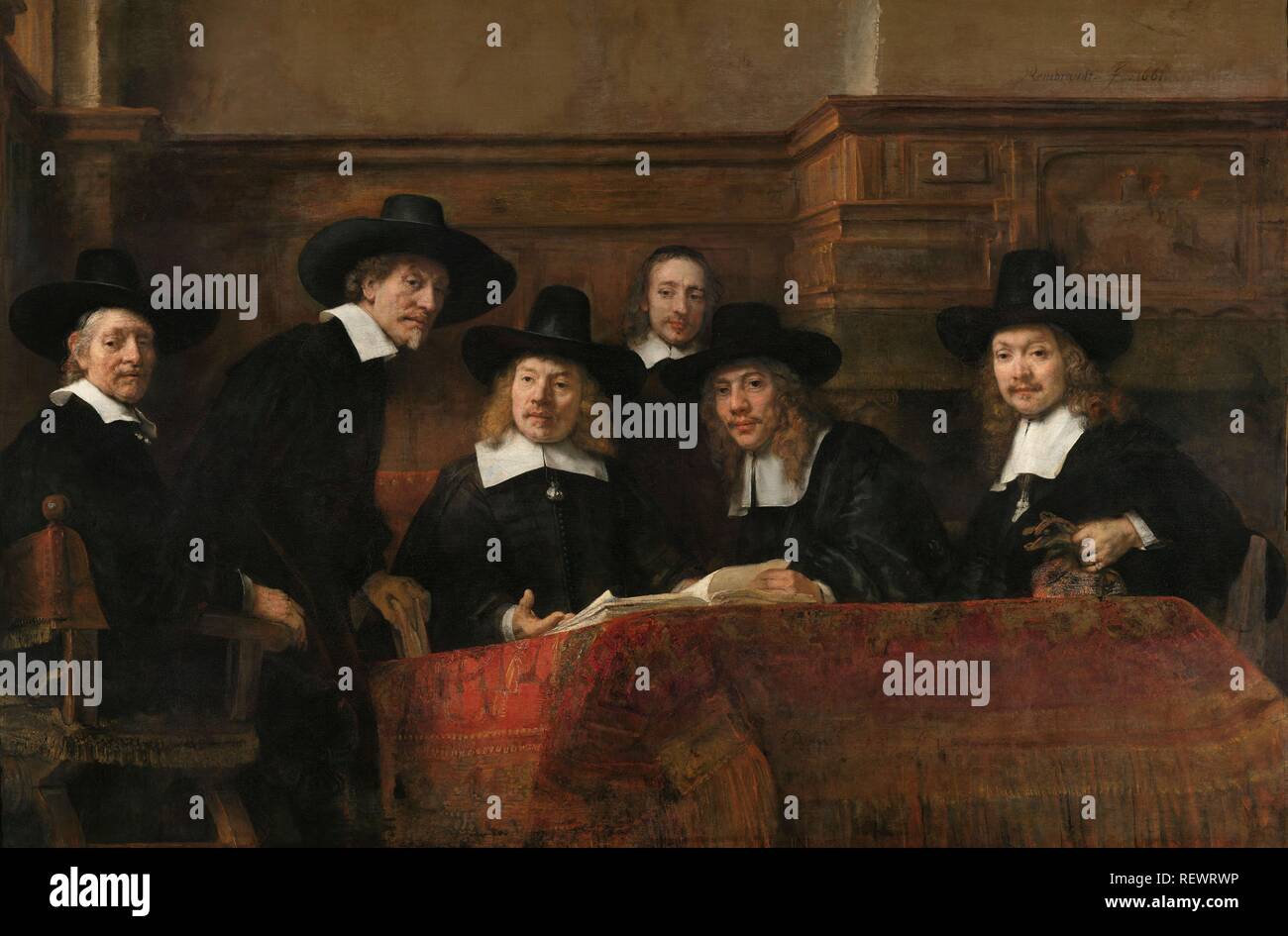 The Wardens of the Amsterdam Drapers' Guild, Known as 'The Syndics'. The Sampling Officials of the Amsterdam Drapers' Guild, known as 'The Syndics'. Dating: 1662. Measurements: h 191.5 cm × w 279 cm. Museum: Rijksmuseum, Amsterdam. Author: REMBRANDT, HARMENSZOON VAN RIJN. REMBRANDT HARMENSZOON VAN RIJN. Rembrandt van Rhijn. Stock Photo