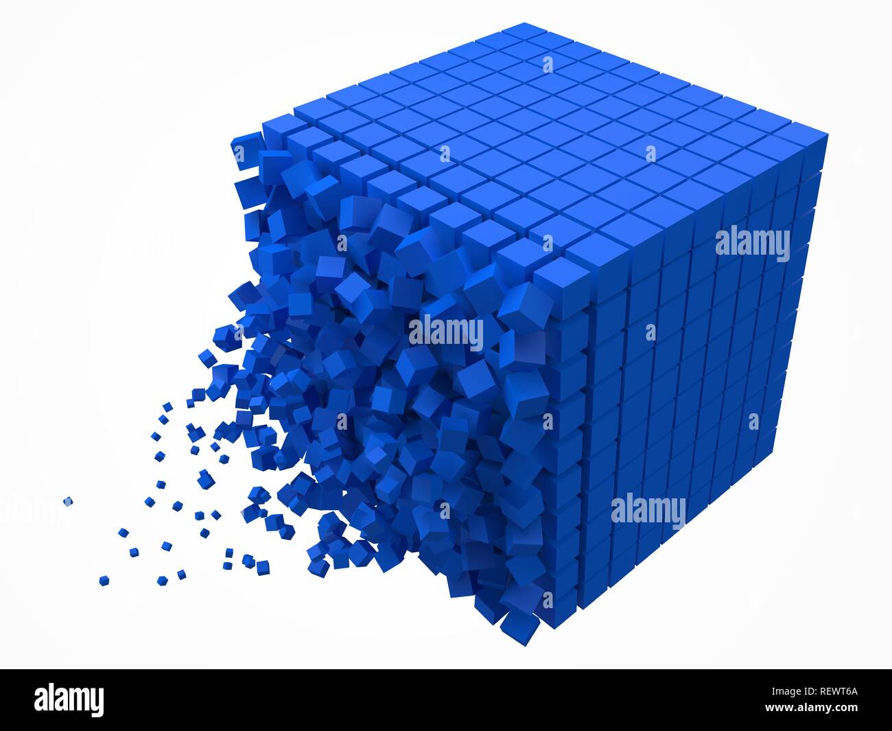 dissolving data block. made with smaller blue cubes. 3d pixel style vector illustration. Stock Vector