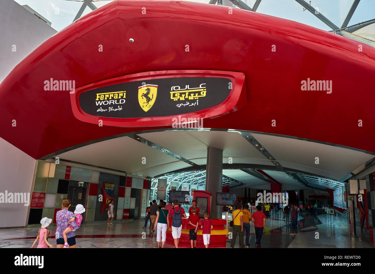 nside Ferrari World at Yas Island in Abu Dhabi in the United Arad Emirates. Ferrari World is the largest indoor amusement park in the world. Stock Photo