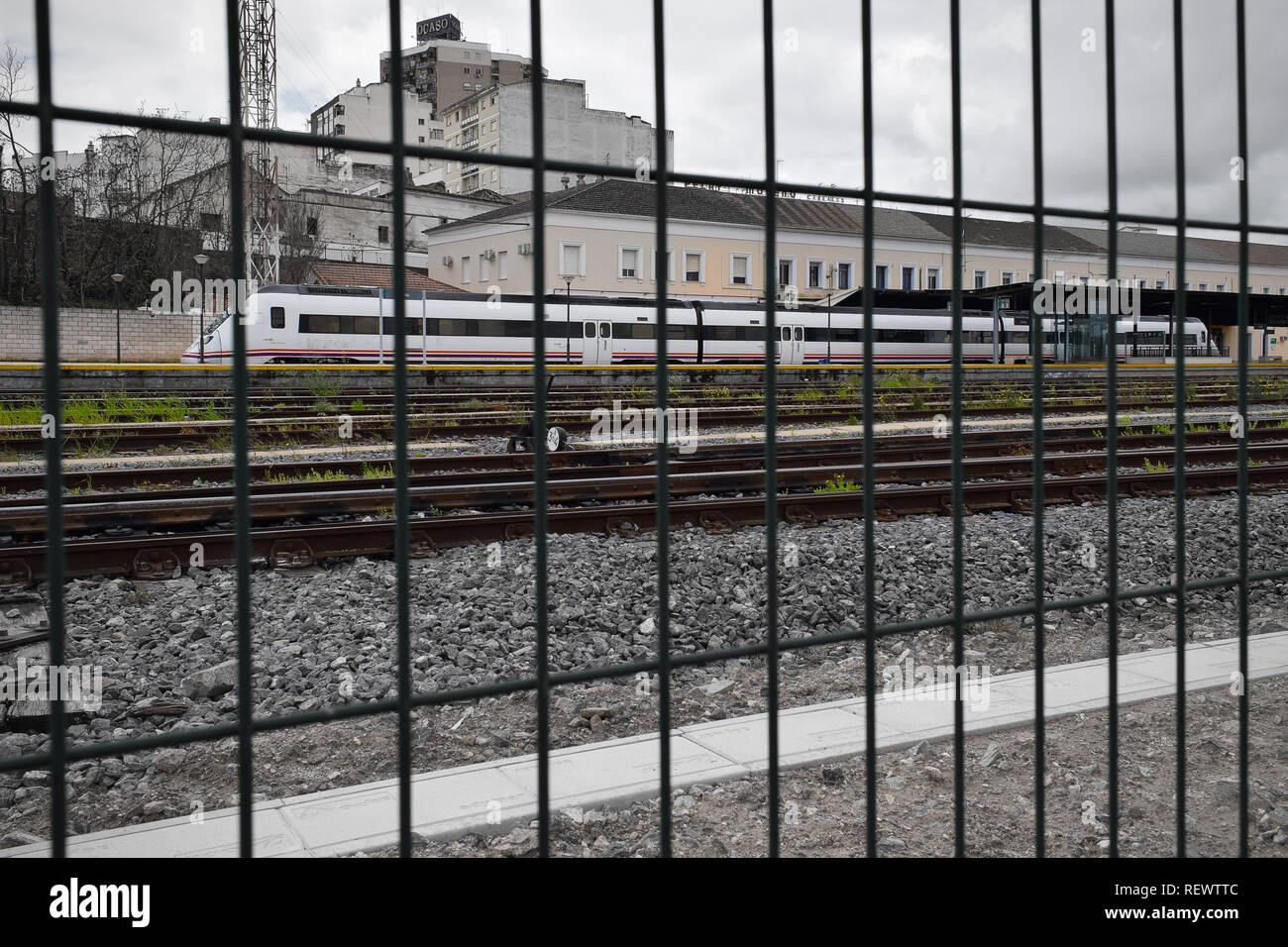 The railway in the region of Extremadura, Spain, has serious problems. Shot shows the train station of Mérida. It shows a damaged non-functional Renfe. Stock Photo