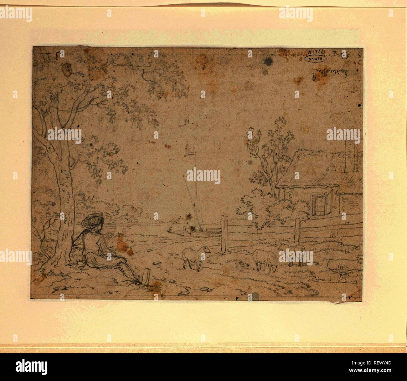 Sketch of a landscape with shepherd boy under tree. Draughtsman: Anthony Andriessen. Dating: 1756 - 1813. Measurements: h 212 mm × w 277 mm. Museum: Rijksmuseum, Amsterdam. Stock Photo